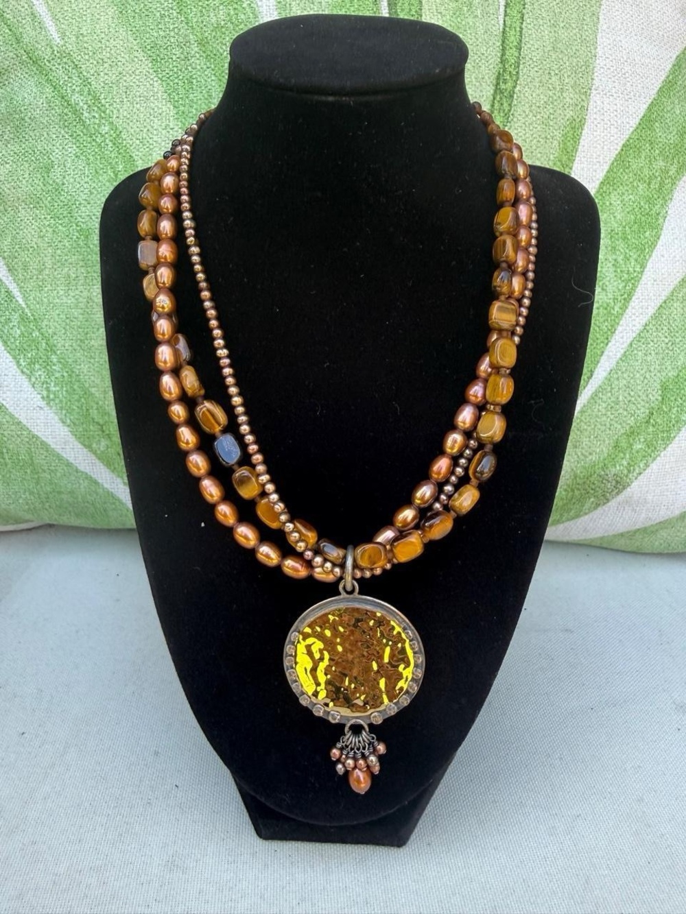 Peyote Bird Tiger’s Eye Pearl Copper Pendant Sterling .925 Necklace